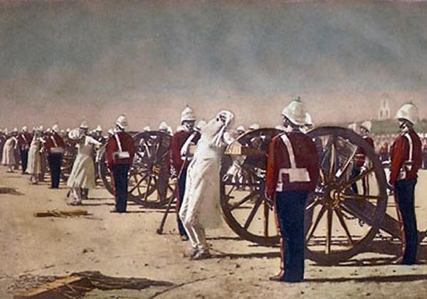 Vasily Vereshchagin, Blowing from a Gun in British India, c. 1884, location unknown (said to have been purchased in the United States by a British buyer who then destroyed it) [vokrugsveta.ru, Public Domain, commons.wikimedia.org]