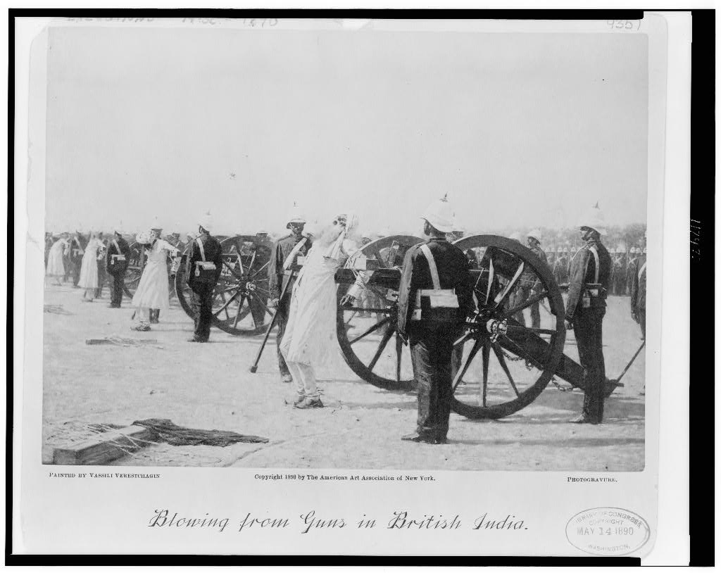 Vasily Vereshchagin, photographic print based on Blowing from a Gun in British India, produced by the American Art Association, 1890, Library of Congress [The American Art Association of New York, loc.gov, Public Domain, commons.wikimedia.org]
