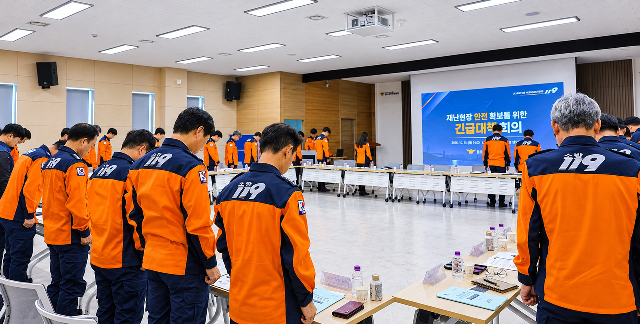 울산소방본부가 30일 119특수대응단 4층 대강당에서 개최한 ‘소방활동 안전사고 예방을 위한 긴급대책회의’에서 지난 16일 경기 부천시 금속부품 공장 화재사고로 순직한 고 김진석 소방위의 명복을 비는 묵념을 하고 있다. [울산소방본부 제공]