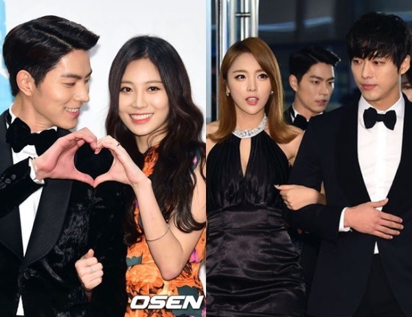 From left: Hong Jong-hyun poses with Girl's Day singer Yura, Hong Jin-young makes a red carpet appearance arm-in-arm with Namgoong Min at the MBC Entertainment Awards, on Dec. 29, 2014. (OSEN)