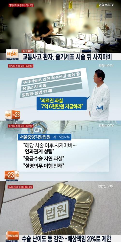 줄기세포시술로 사지마비 병원 책임 20％ / 연합뉴스TV