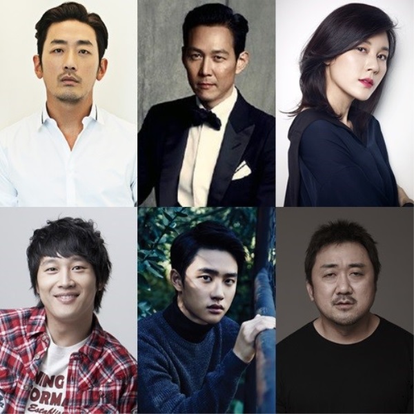 Cast members of "With God" : (From top left, clockwise) Ha Jung-woo, Lee Jung-jae, Kim Ha-neul, Ma Dong-seok, D.O., Cha Tae-hyun (Lotte Entertainment)