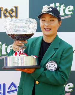 2003년 하이트진로 챔피언십 우승자 김순희. 이때부터 우승자가 맥주를 마시는 이벤트가 시작됐다.