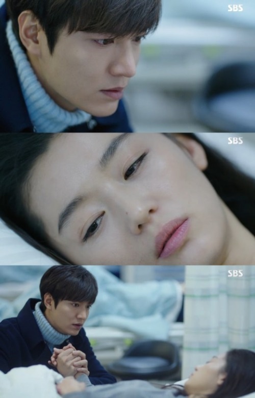 이민호가 죽음 위기에 놓인 전지현을 위해 눈물로 기도했다. (사진='푸른바다의 전설' 방송 캡처)