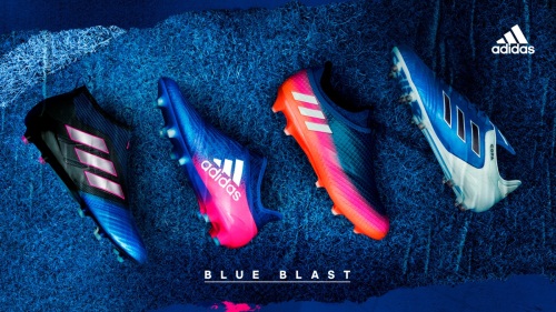 2017 1월에 출시된 '아디다스 블루 블래스트 팩(Adias Blue Blast Pack)'. 왼쪽부터 아디다스 에이스 17+, 엑스16+, 메시16+, 코파 17.1.