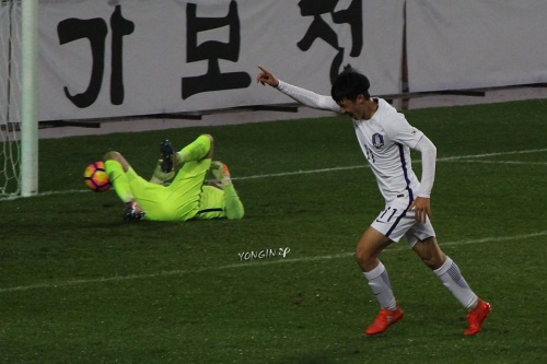 강지훈이 지난 잉글랜드와의 경기에서 결승골을 뽑아냈다. [사진=용인대 축구부 기자단]