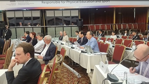 정화태 세계무술연맹 총재가 제6차 국제스포츠장관회의에서 무예 중요성 강조하는 발언을 하고 있다. [사진=세계무술연맹]