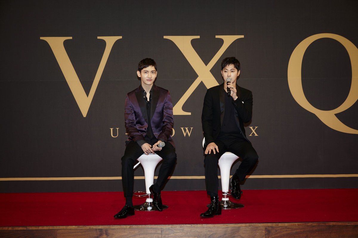 U-Know Yunho (right) of TVXQ speaks during a press conference in Seoul on Monday. (S.M. Entertainment)