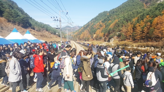 오색단풍체험을 나선  대구지역  초.중학생과 학부모들이 산타마을 을 트레킹 하고 있다.(봉화군 제공)