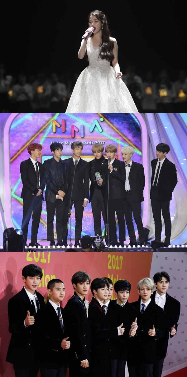 아이유, 방탄소년단, 엑소(사진=2017 멜론뮤직어워드)