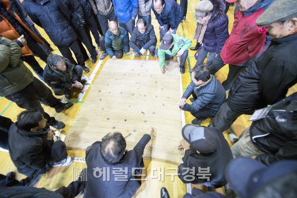 돗자리에 위에 종지윷을 던지며 큰 사리를 기대하는 모습이 사뭇 진지하다.(새마을회 제공)