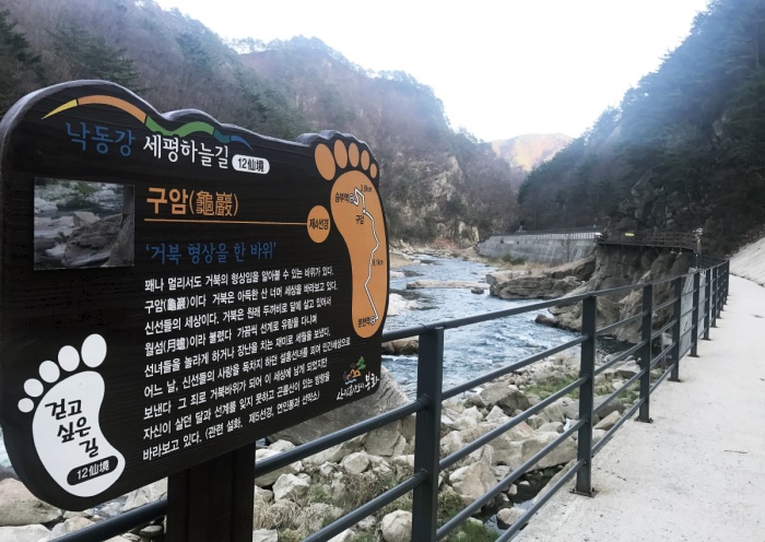 봉화군이 낙동강세평하늘길(분천~승부구간, 12.1km)을 12선경(仙境)’이라는 주제로 스토리텔링을 추진, 관광객을 맞이한다.사진은 12선경중  제4선경인 구암 구간의 이야기가 적힌 안내판(봉화군 제공)