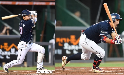 15일 한화 원정경기에서  맹활약을 펼친 허경민(왼), 최주환(오). [사진=OSEN]