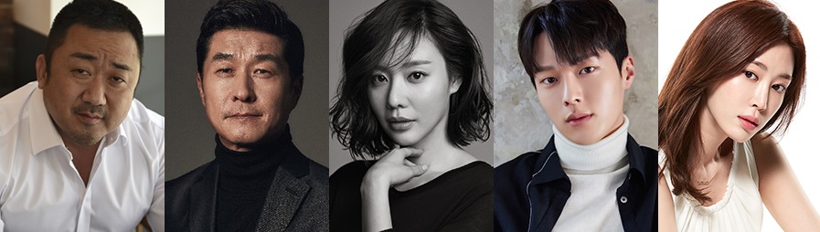 Cast for “Bad Guys: The Movie.” From left: Ma Dong-seok, Kim Sang-joong, Kim Ah-joong, Jang Ki-yong and Kang Ye-won. (CJ Entertainment)