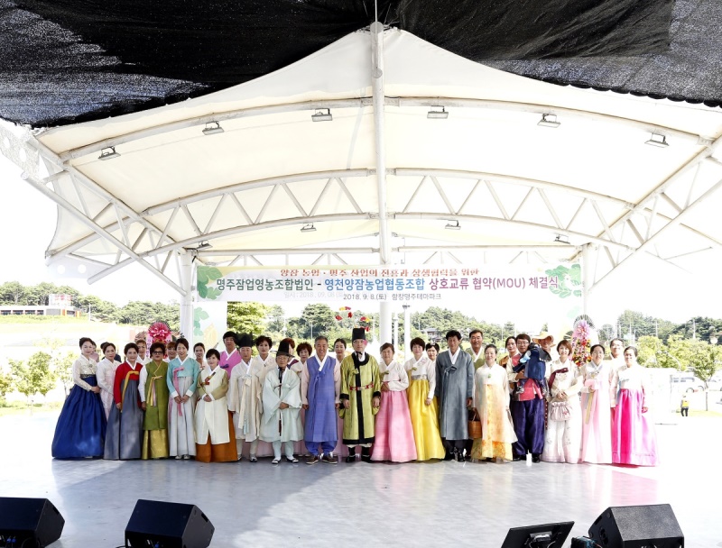 8일 오후 국제 슬로시티의 고장인 경북 상주 함창명주테마공원과 잠사곤충사업장 일원에서 열린 '함창명주 페스티발 & 누에와 나비 체험 한마당 축제' 개막식에 앞서 '명주패션쇼' 참가자들이 기념사진을 찍고 있다.(상주시 제공)