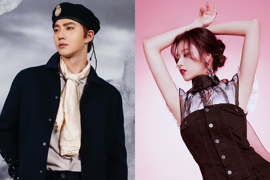 From left, Suho of EXO and Sana of Twice (S.M. Entertainment, JYP Entertainment)