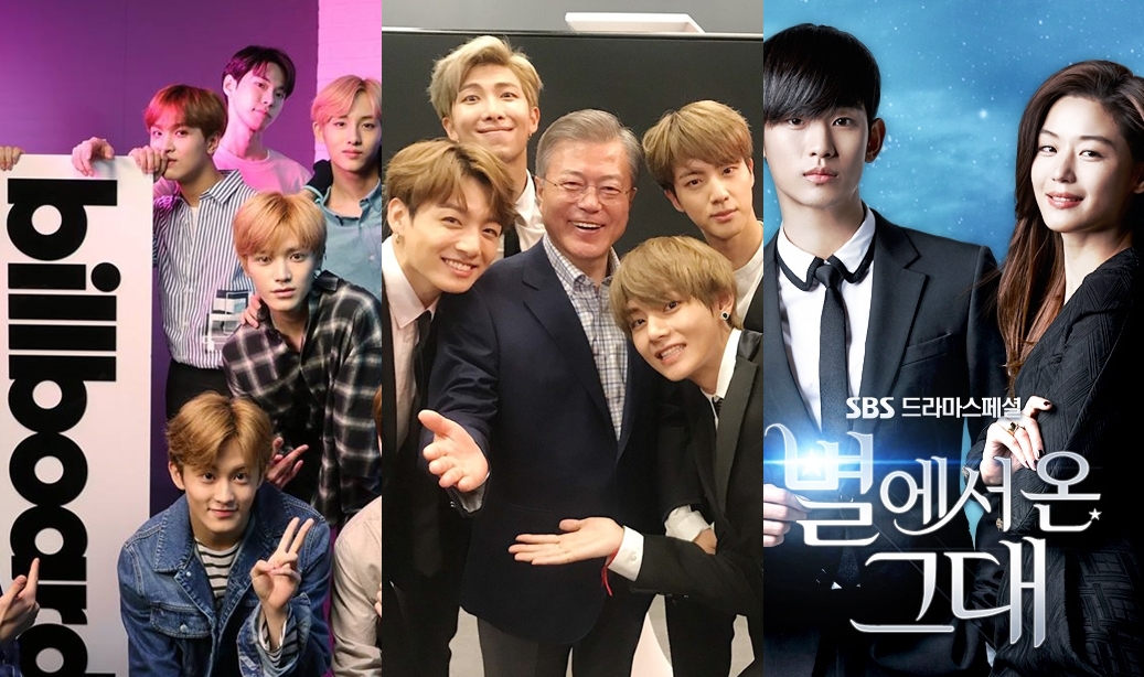 From left, NCT 127, BTS with President Moon Jae-in, SBS' 2013 series "My Love from the Star" (S.M. Entertainment, Big Hit Entertainment, SBS)