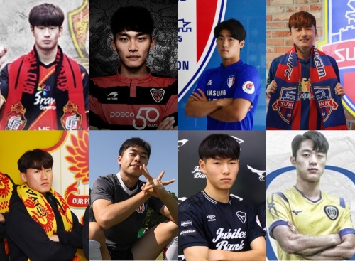정성준(왼쪽 위에서부터), 최재영, 김태환, 안은산, 이희균, 김승우, 전성수, 송환영이 K리그 무대를 노크한다. [사진=경남FC, 포항 스틸러스, 수원 삼성, 수원FC, 광주FC, 제주 유나이티드, 성남FC, 아산무궁화]