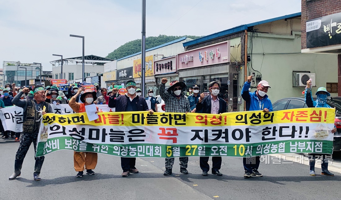 27일 경북 의성군 의성농협 남부지점 앞에서 열린 마늘 생산비 보장을 위한 농민대회에 참가한 농민들이 행진하고 있다(의성군 제공)
