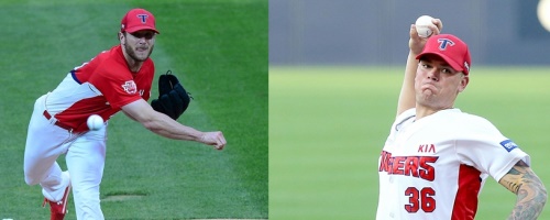 드류 가뇽(왼쪽)과 애런 브룩스는 올 시즌 KBO 나란히 KBO에 입성했다. [사진=KIA타이거즈]
