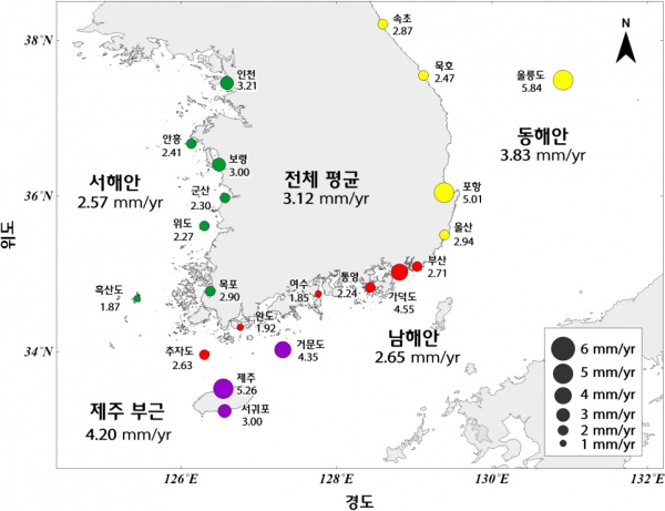 최근 30년 및 10년 해수면 상승률 분포도(자료=해수부 제공)