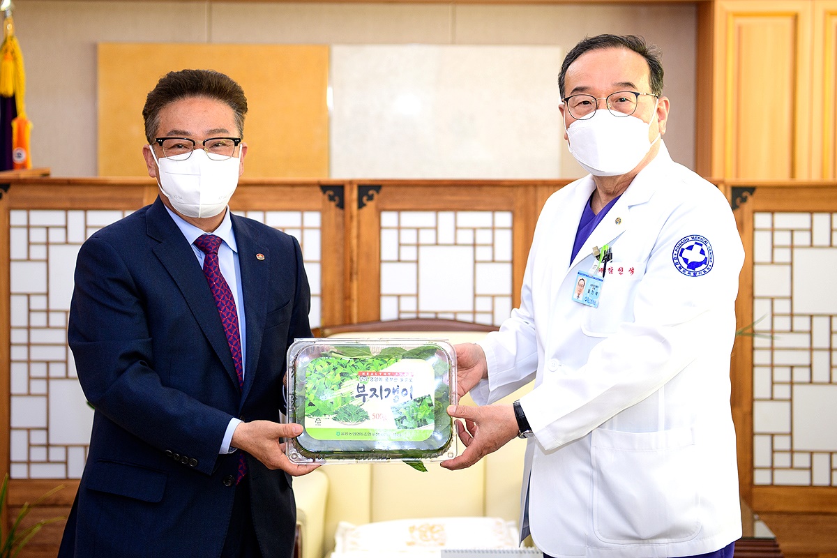 김병수 울릉군수가 경북도 포항의료원 함인석 의료원장에게 부지갱이 봄 나물을 전달하고 있다(울릉군 제공)