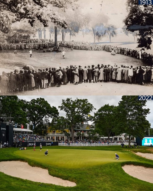 1913년의 18번 홀과 109년 뒤의 18번 홀 그린. [사진=PGA투어]