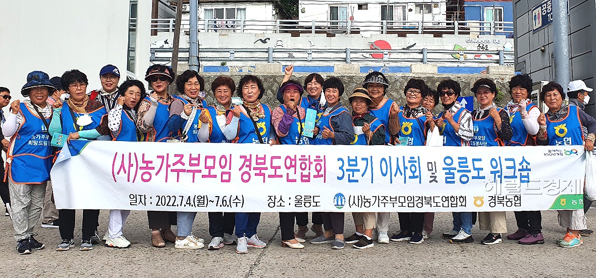 사)농가주부모임 경북도연합회가 울릉도 저동항 여객선 터미널 인근에서 공익직불제 및 고향사랑기부제 교육·홍보 활동을 진행한후 단체 사진을 찍고 있다(경북 농협 제공)