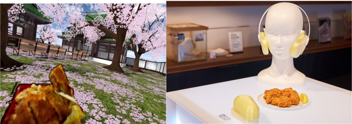 메타버스에서 현실세계의 요리를 먹을 수 있는 기술 Ukemochi (왼쪽), 파나소닉의 식감 재현 기기(오른쪽)
