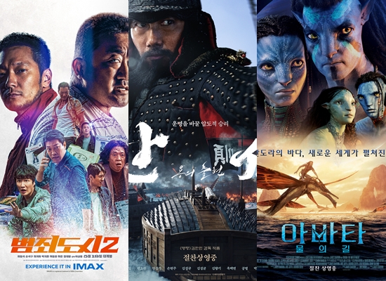 영화 '범죄도시2', '한산: 용의 출현', '아바타: 물의 길' 포스터