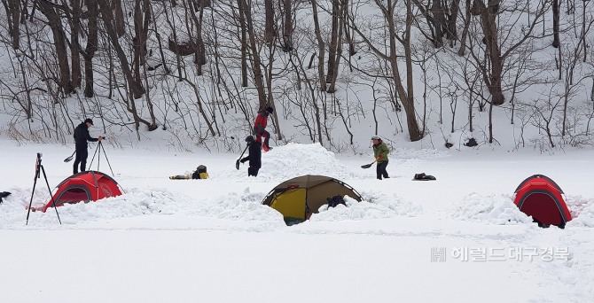 스노캠핑 마니아들이 울릉도 나리분지에서 눈위에 텐트를 설치하기 위해 작업을 하고 있다.(헤럴드 DB)