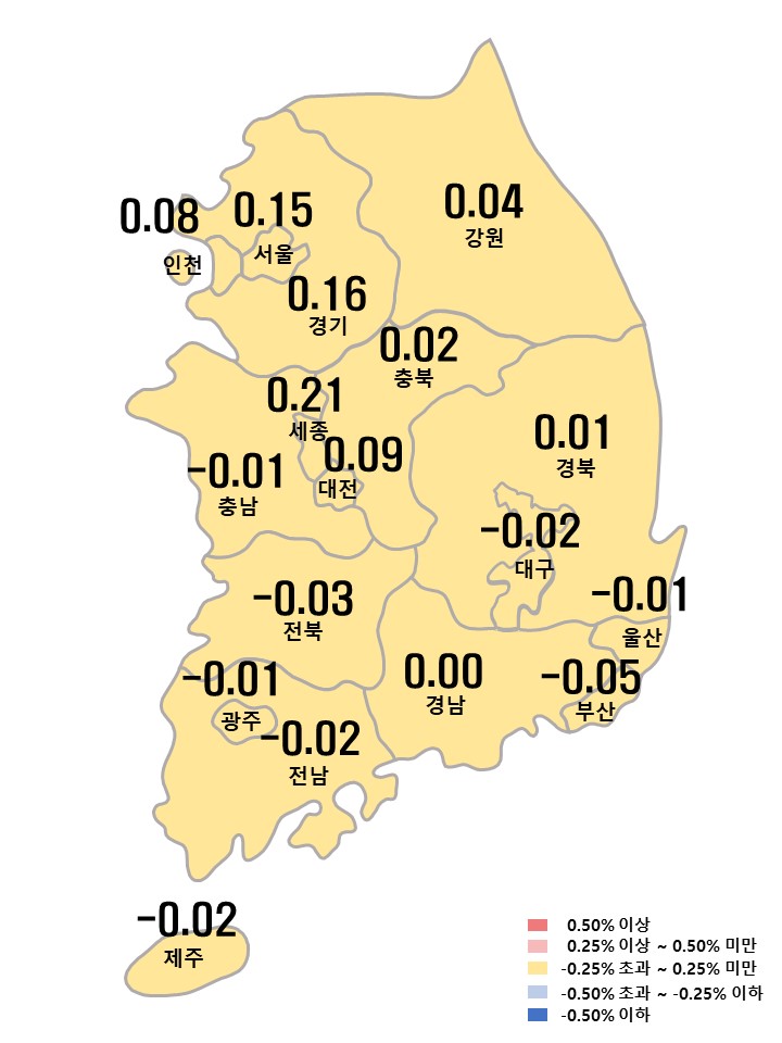 전국 시도별 8월 3주 아파트 전세가격지수 변동률.[한국부동산원 제공]