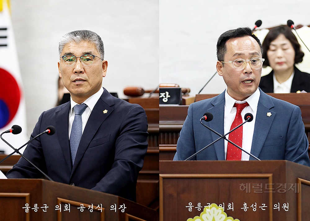 공경식(왼쪽) 울릉군의회 의장과 홍성근 의원이 11일 제274회 임시회에서 5분 발언을 하고 있다. (울릉군의회 제공)