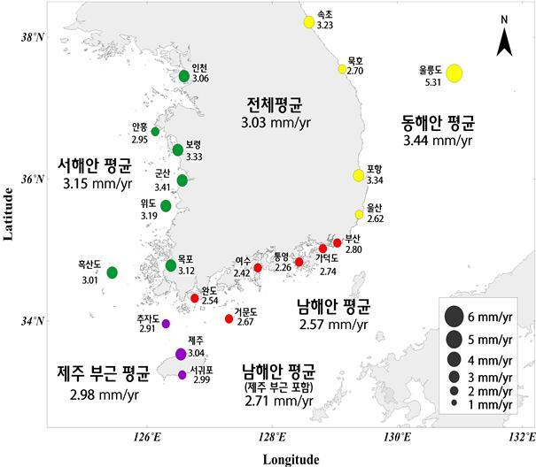 최근 34년간 해수면 상승 분포도. (국립해양조사원 제공)