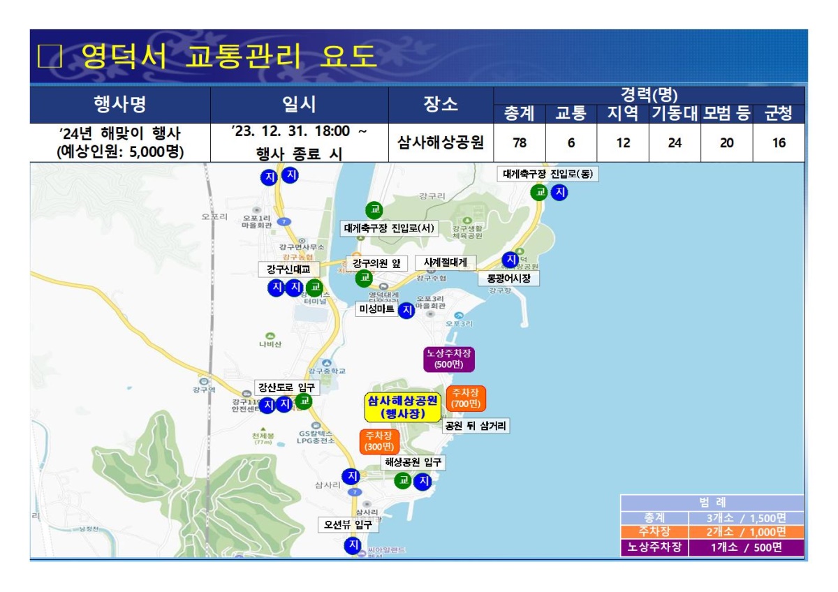 경북 영덕 삼사해상공원 해맞이 행사 주차장·정보제공 현황도[경북경찰청 제공]