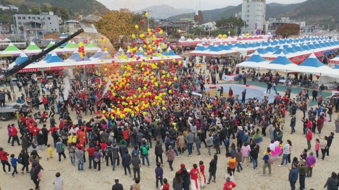 청송 사과축제에 만유인력-황금사과를 잡아라' 행사 전경.(청송군 제공)