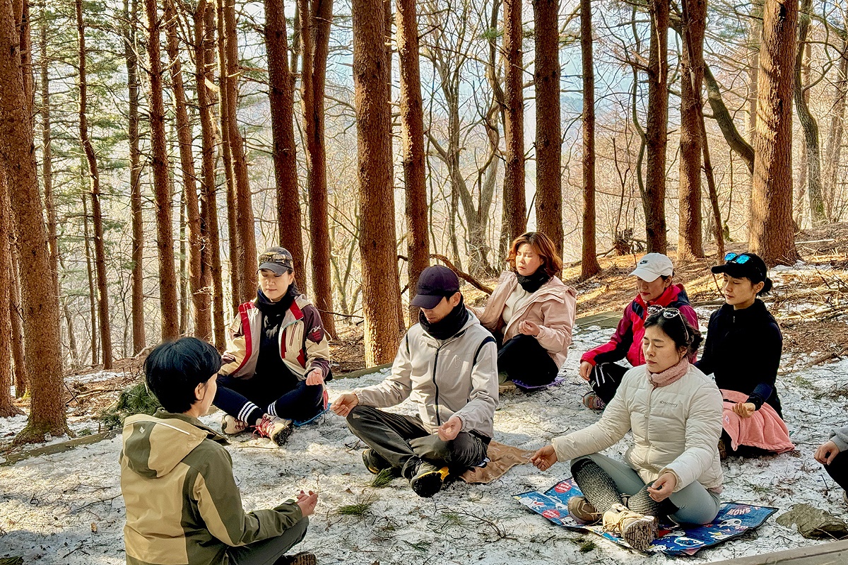 여유만만 심신 돌봄여행 참가자들이  숲속 명상을  하고 있다(영주시 제공)