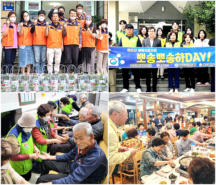 왼쪽 시계방향으로 반려식물 제공, 빨래봉사와 어르신 생신상 차려드리기, 어르신 손마사지 봉사