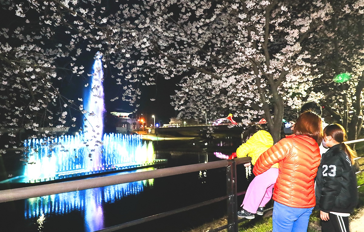 의성군은 '제2회 남대천 벚꽃축제' 첫날인 이달 30일부터 오는 11월까지 남대천공원에 조성한 음악분수를 본격 운영한다. (의성군 제공)