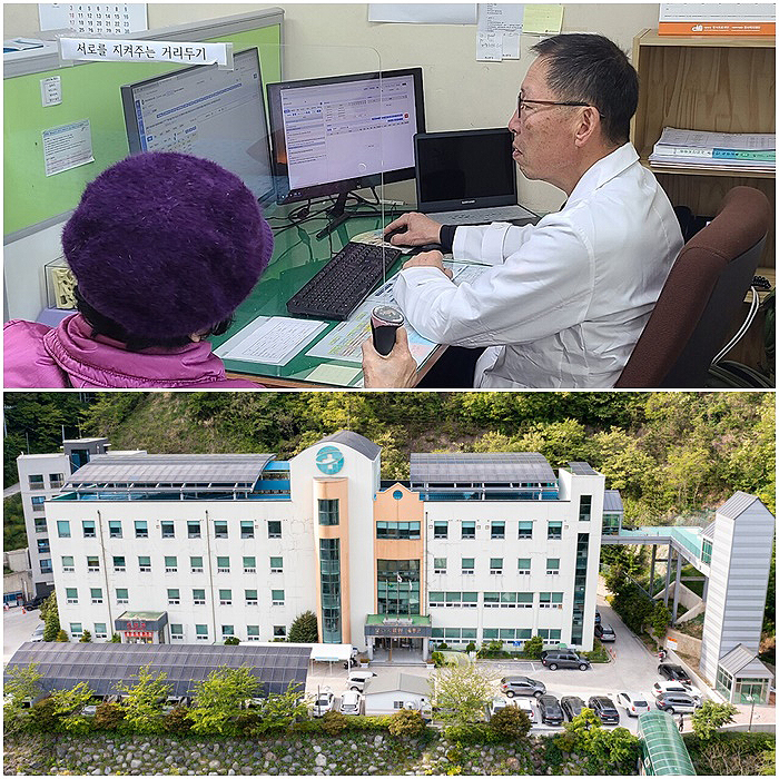 진료하고 있는 안재용 전문의와 울릉군보건의료원 전경