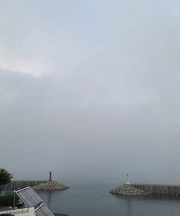 울릉도 저동항 앞바다가 황사로 인해 수평선이 보이지 않는다(독자제공)