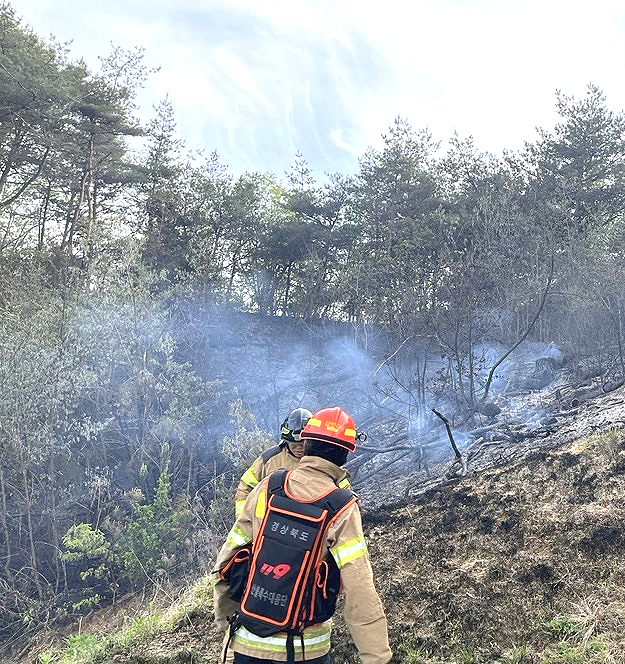 26일 봉화군 봉화읍 한 야산에서 발생한 산불을 소방당국이 진화에 나섰다(경북 소방본부 제공)