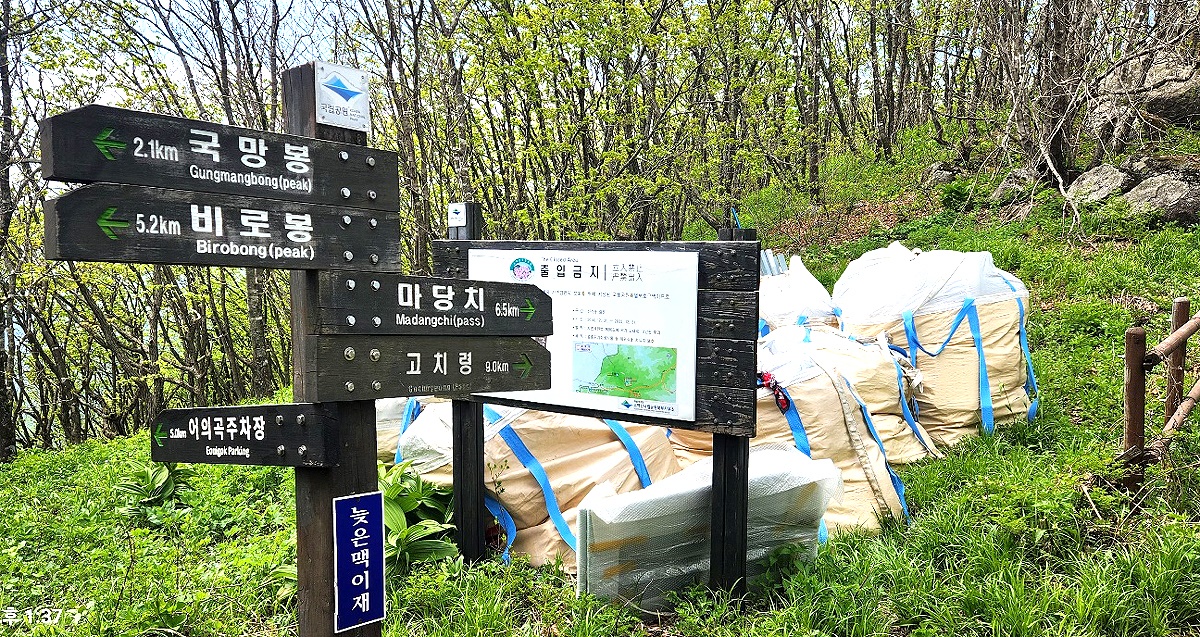 국립공원 소백산 ‘늦은맥이재’(1260m)에 공사후 버려진 것으로 추정되는 벌크마대에 꾹꾹눌러 담긴 각종 쓰레기와 패자재들이 오랫동안 방치돼 있어철쭉제를 앞두고  대책마련이 시급하다(사진=독자제공)