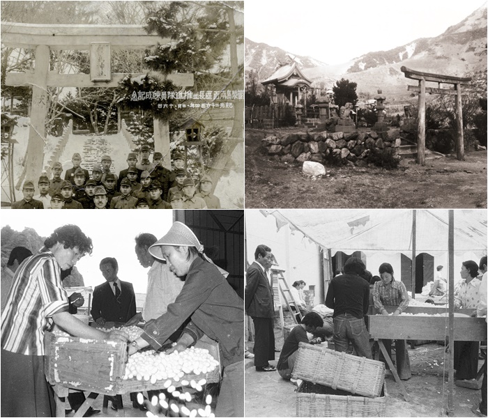 (위에서 시계방향으로)일제시대 사진으로 한청으로 올라가는 계단이 보이고 이곳이 모두 허물어지고 가설영화가 상영되었던 곳이다. 아래는 누에고치를 수매하던 건견장의 옛 모습이다.
