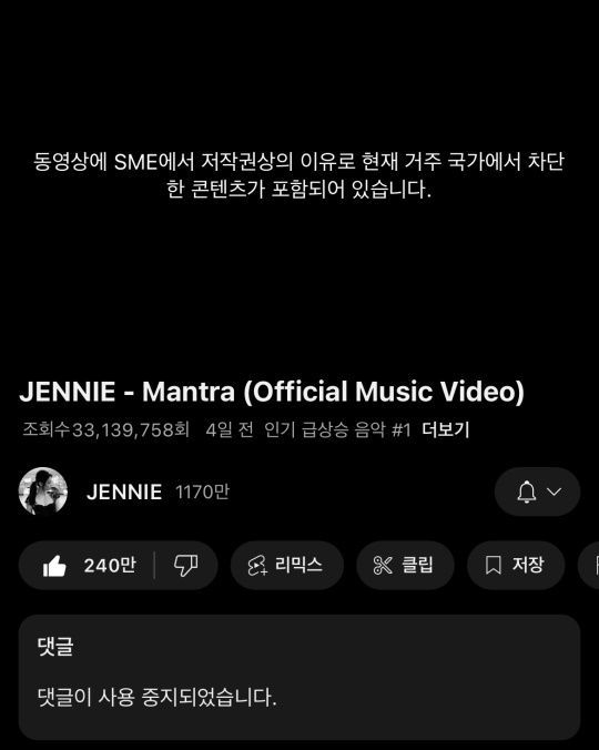 제니 유튜브 캡처