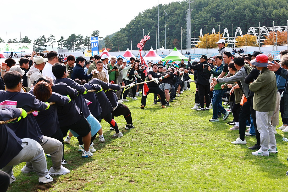 26일 경북 울진군민종합운동장에서 펼쳐진 '제51회 울진군민한마음체육대회'의 단체줄넘기와 줄다리기리를 하면서 즐거운 하루를 보내고 있다(울진군 제공)