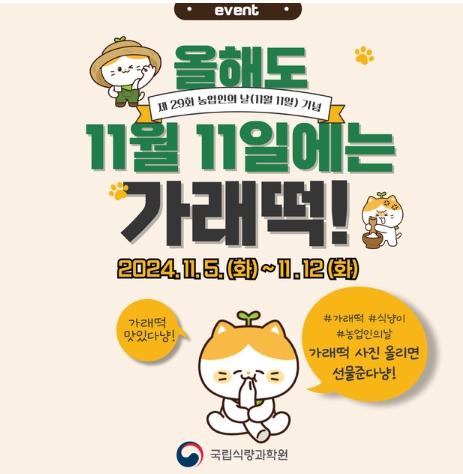 농업인의 날을 맞아 농림축산식품부가 진행하는 11월 가래떡데이 행사 관련 포스터. [국립식량과학원 제공]