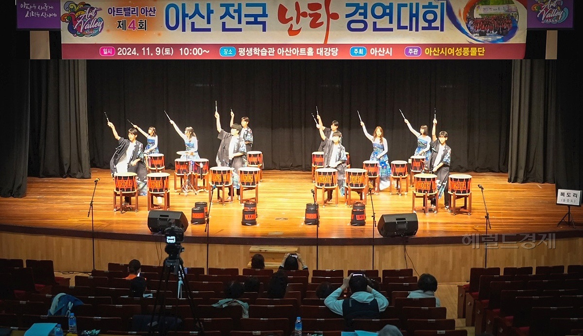 울릉 독도리 난타공연단이  제4회 아산시장기 전국 난타 경연대회’에서 멋진 경연을 선보이고 있다 (울릉군 가족센터제공)
