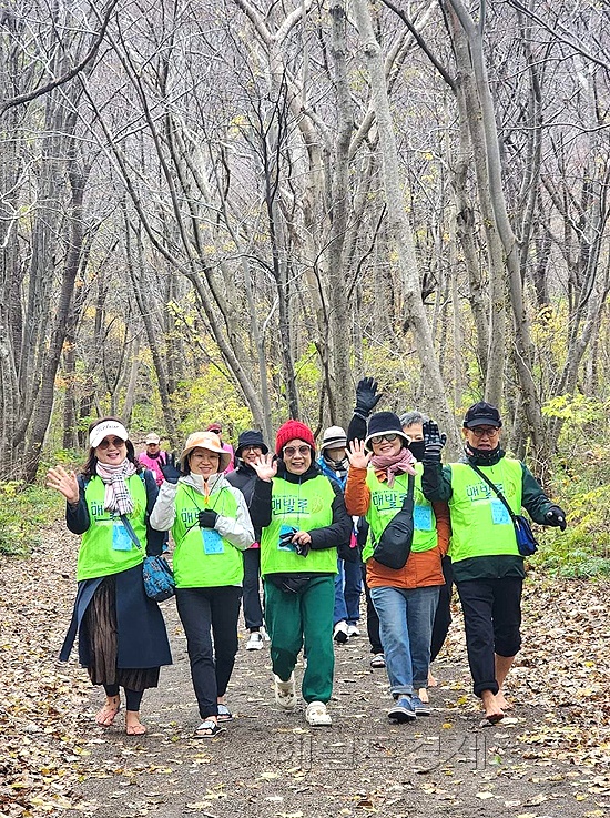 경북맨발걷기 협회가 울릉도 나리분지를 걷고 있다(협회제공)